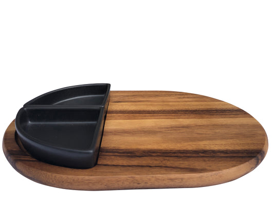 Charcuterie/ Serving Tray w/ 2 black triangular ceramic bowls